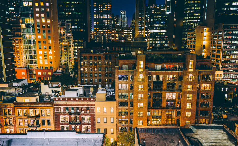 View of buildings in the Turtle Bay neighborhood at night, from a rooftop on 51st Street in Midtown Manhattan, New York.